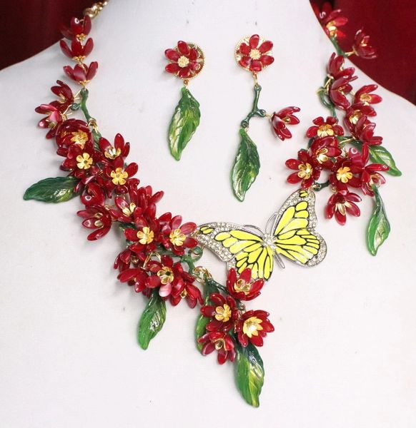 SOLD! 6738 Set Of Dangle Dark Red Flowers Enamel Butterfly Necklace+ Earrings