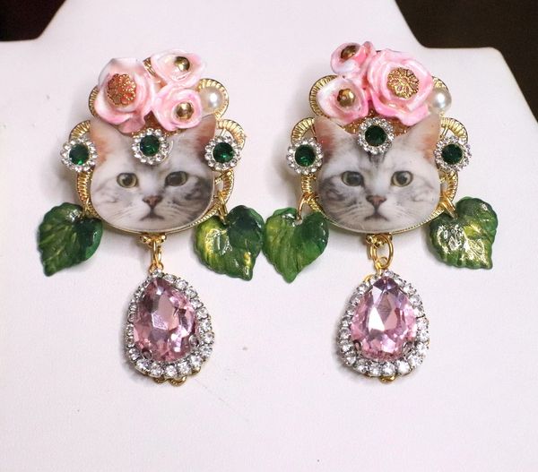 SOLD! 6741 Adorable Cat Roses Pink Rhinestone Studs Earrings
