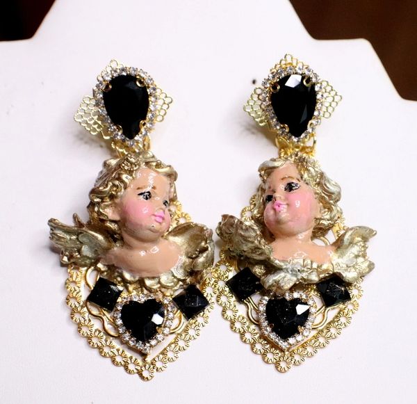 SOLD! 6748 Baroque Vivid Cherubs Angels Black Rhinestone Studs Earrings