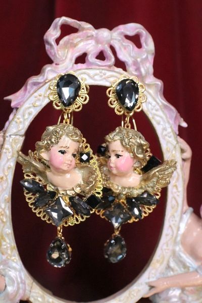 SOLD! 6749 Baroque Vivid Cherubs Angels Black Rhinestone Studs Earrings