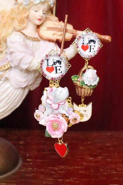 SOLD! 6760 Baroque I Love Cats Adorable Irregular Studs Earrings
