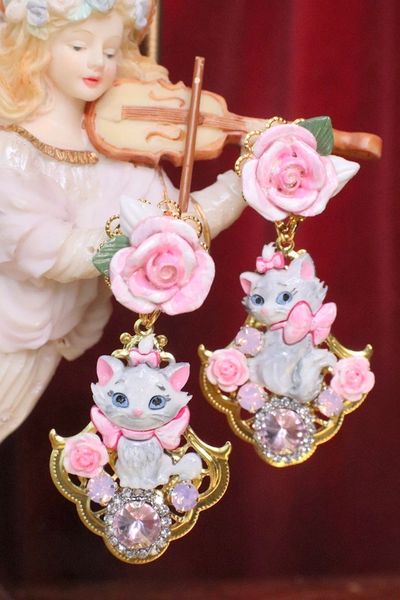 SOLD! 6761 Baroque I Love Cats Adorable Roses Irregular Studs Earrings