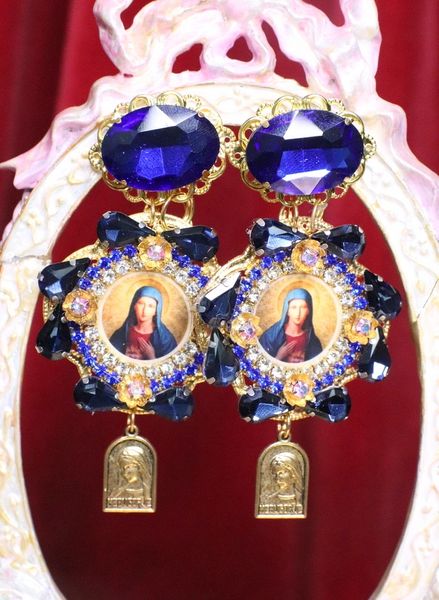 SOLD! 6763 Virgin Mary Dark Blue Rhinestones Stunning Studs Earrings