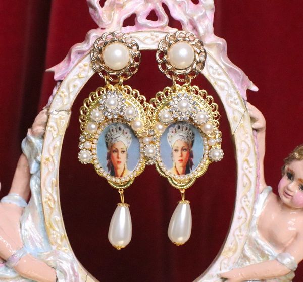 SOLD! 6764 Russian Revival Russian Beauty Kokoshnik Pearl Cameo Earrings