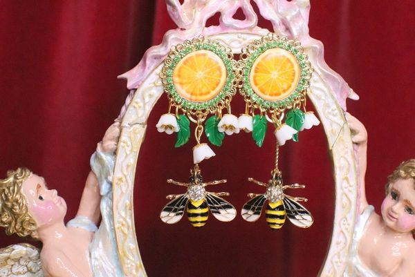SOLD! 6766 Baroque Sicilian Orange Fruit Enamel Bee Earrings