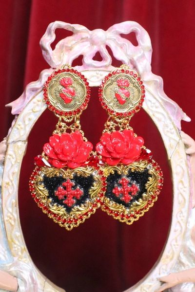 SOLD! 6767 Baroque Runway 2020 Sacred Heart Red Rose Massive Earrings