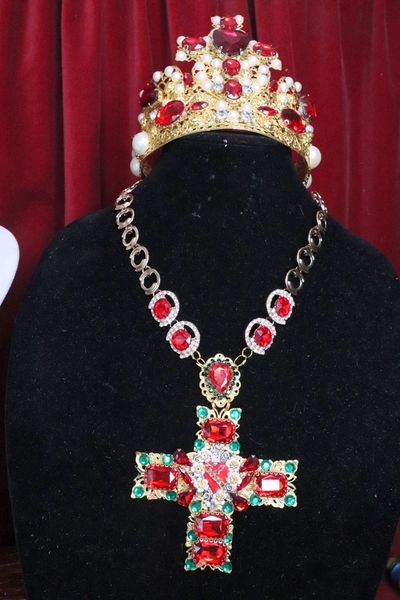 SOLD! 6769 Alta Moda Red Cross Crystal Sacred Heart Stunning Huge Pendant Necklace