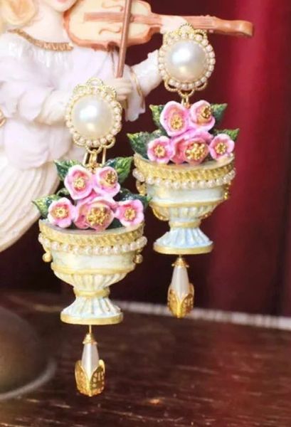 SOLD! 6789 Baroque 3D Effect Vase Roses Pearl Studs Earrings