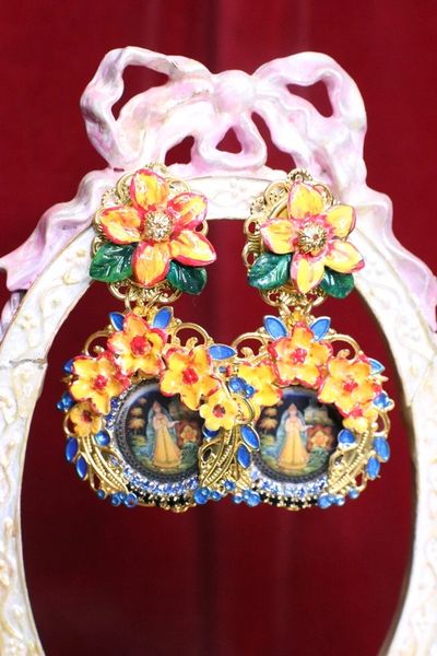 SOLD! 6790 Russian Jewelry Box Pattern Orange Flowers Studs Earrings