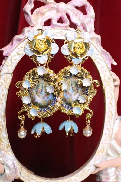 SOLD! 6791 Russian Jewelry Box Blue Gold Flowers Studs Earrings
