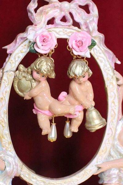 SOLD! 6793 Baroque Pale Pink Roses Musical Cherubs Red Ribbon Studs Earrings