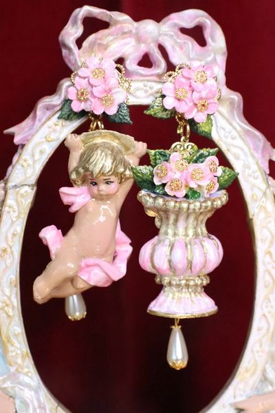 SOLD! 6794 Baroque Pale Pink Roses Musical Cherubs Vase Irregular Studs Earrings