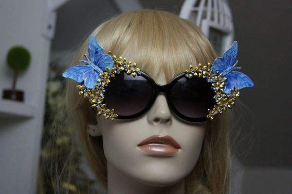 823 Blue Hand Painted Butterfly Gold Flower Embellished Sunglasses UV400