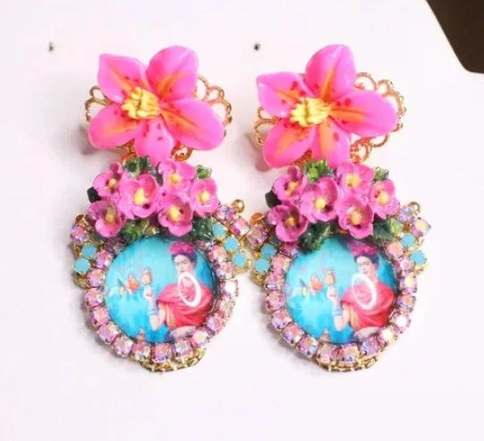 SOLD! 6819 Frida Kahlo Fuchsia Flower Cameo Studs Earrings