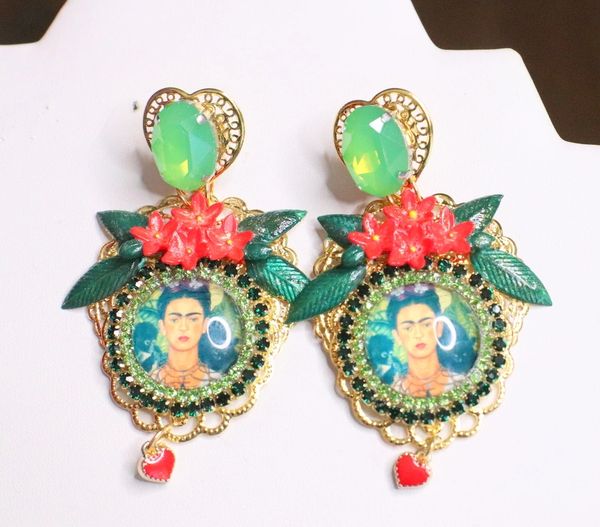 SOLD! 6821 Frida Kahlo Fuchsia Flower Green Rhinestone Cameo Studs Earrings