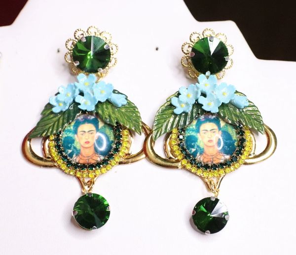 SOLD! 6822 Frida Kahlo Fuchsia Flower Green Rhinestone Cameo Studs Earrings