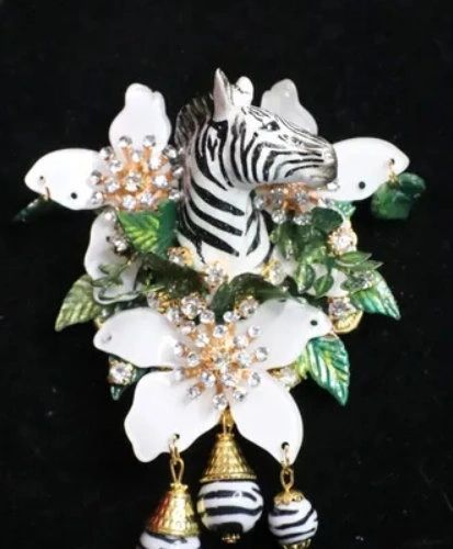 SOLD! 6825 Baroque 3D Effect Hand Painted Zebra Flower Huge Brooch