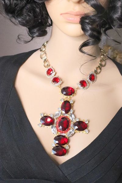 SOLD! 6926 Alta Moda Wine Red Cross Crystal Sacred Heart Stunning Huge Pendant Necklace