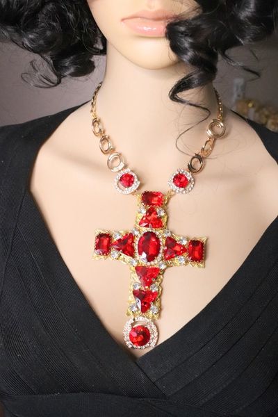 SOLD! 6827 Alta Moda Red Cross Crystal Sacred Heart Stunning Huge Pendant Necklace