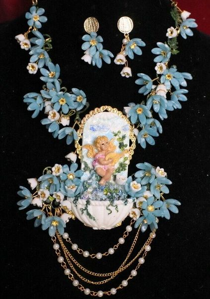 SOLD! 6830 Set Cherub Baroque Fountain Dangle Flowers Unique Necklace + Earrings