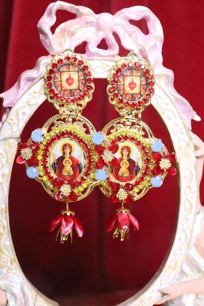 SOLD! 6832 Virgin Mary Red Icon Sacred Heart Rhinestones Stunning Studs Earrings