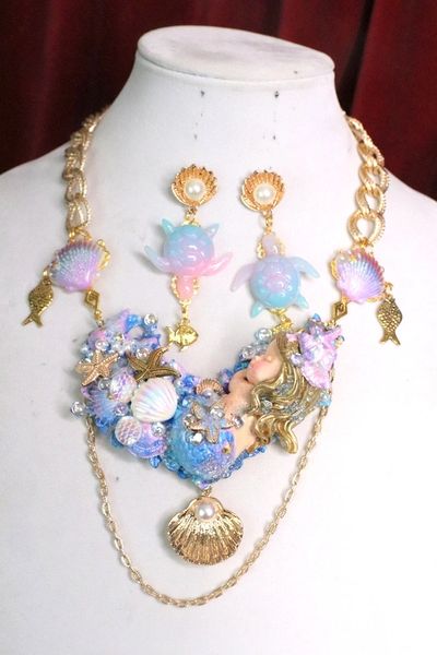 SOLD! 6834 Set Of Art Jewelry 3D Effect Vivid Sleeping Mermaid Necklace+ Earrings