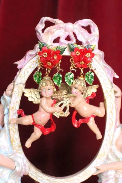 SOLD! 6836 Baroque Red Roses Musical Cherubs Red Ribbon Studs Earrings