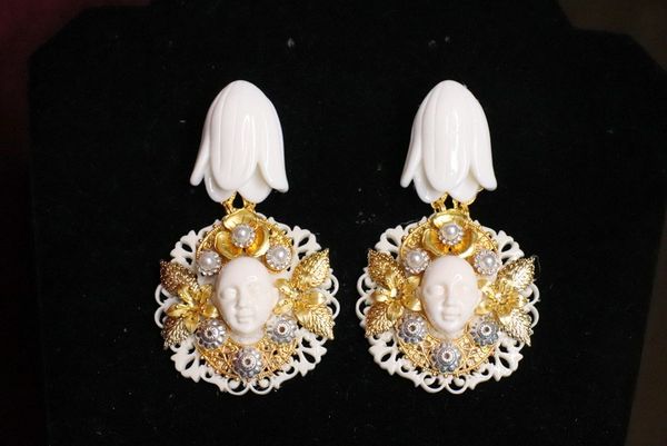 SOLD! 6859 Baroque Art Deco Face Magnolia Flower Studs Earrings