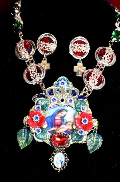 SOLD! 6863 Set Of Madonna And a Child Red Flowers Rhinestone Massive Necklace+ Earrings