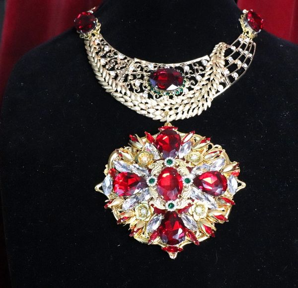 SOLD! 6864 Set Of Alta Moda Gold Tone Massive Red Rhinestones Pendant Necklace+ Earrings