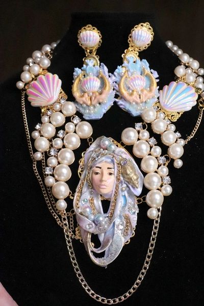 SOLD! 6876 Art Deco Mermaid Face Pearl Huge Necklace