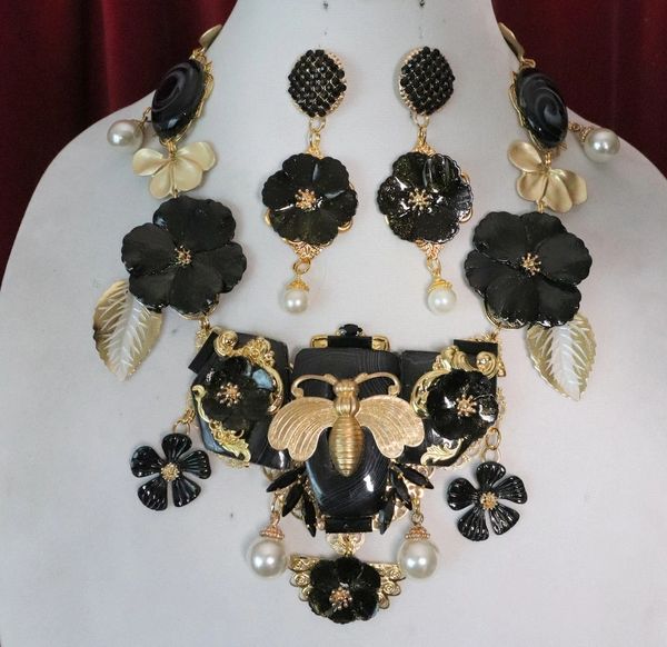 SOLD! 6880 Set Of Genuine Solar Quartz Agate Baroque Bee Dragon Pearl Necklace+ Earrings