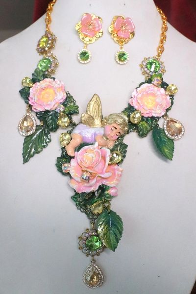 SOLD! 6888 Set Of Sleeping Cherub Angel Flowers Hand Painted Massive Necklace+ Earrings