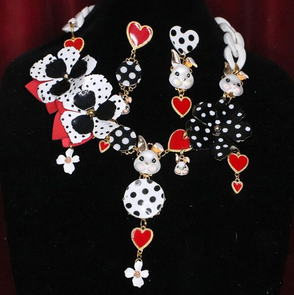 SOLD! 6889 Set Of Polka Dot Trendy Massive Flowers Enamel Bunny Necklace+ Earrings