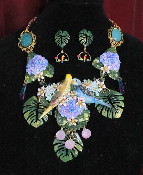 SOLD! 6890 Set Of Lilac Vivid Love Parrots Genuine Mystic Opal Hydrangea Necklace + Earrings