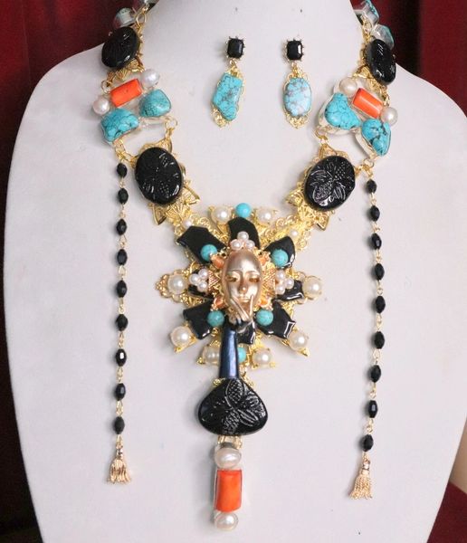 SOLD! 6909 Set Of Art Deco Genuine Turquoise Agate Pearls Baroque Necklace+ Earrings