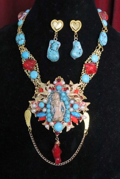 SOLD! 6910 Set Of Art Deco Genuine Turquoise Pearls Baroque Necklace+ Earrings