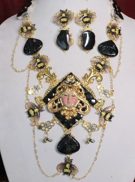 SOLD! 6911 Set Of Art Deco Genuine Agate Queen Bee Baroque Necklace+ Earrings
