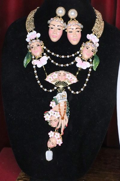 SOLD! 6914 Asian Revival Faces Art Nouveau Necklace+ Earrings