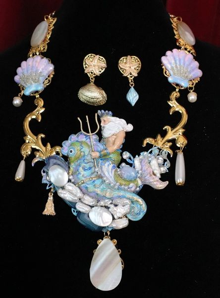 SOLD! 6916 Set Of Genuine Biwa Pearls Agate Neptun Poseidon Shell Necklace+ Earrings