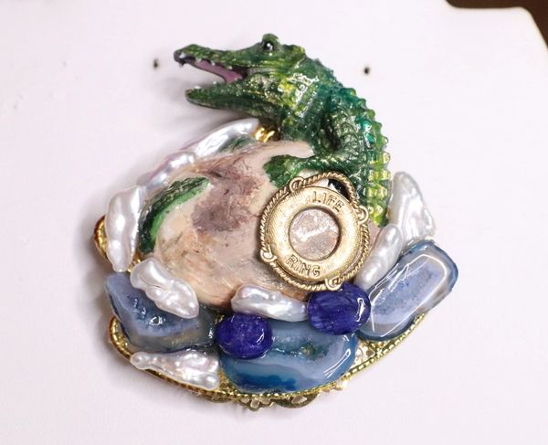 6919 Art Jewelry Vivid Crocodile Genuine Agates Pearls Unusual Brooch