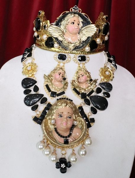 6921 Baroque Massive Vivid Hand Painted Angel Cherub Putti Genuine Agates Massive Necklace+ Earrings
