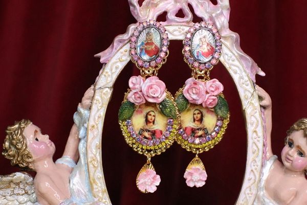 SOLD! 6922 Virgin Mary Pink Flowers Stunning Studs Earrings