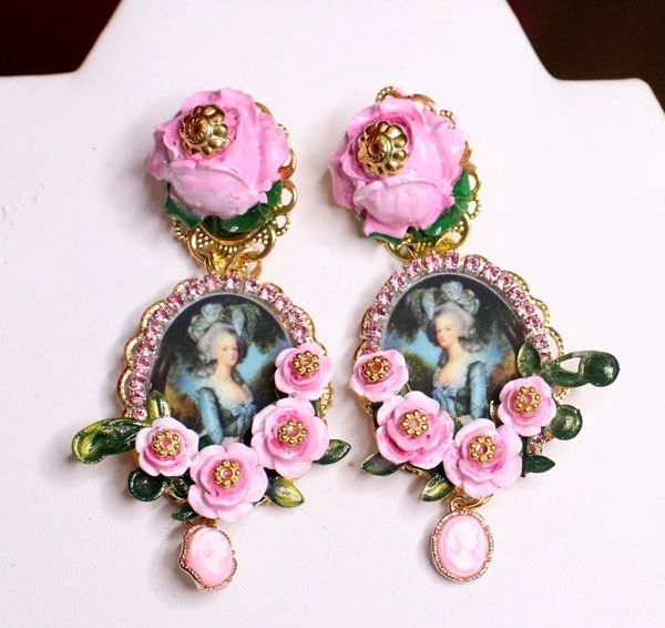 SOLD! 6924 Marie Antoinette Pink Roses Cameo Flower Elegant Earrings