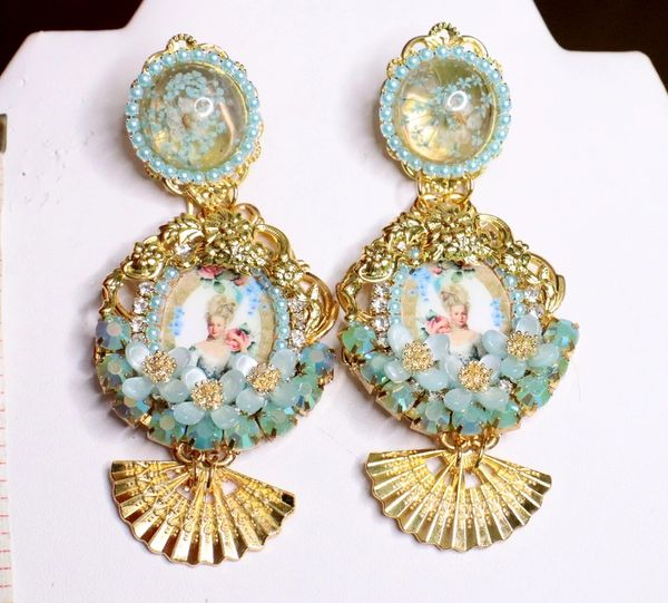 SOLD! 6925 Marie Antoinette Fan Aqua Elegant Earrings