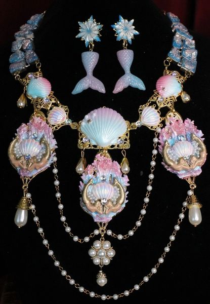 SOLD! 6941 Set Hand Painted Baroque Mermaids Coral Reef Genuine Druzy Agates Massive Necklace+ Earrings