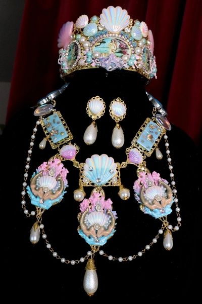 SOLD! 6942 Set Hand Painted Baroque Mermaids Coral Reef Genuine Chalcedony Agates Massive Necklace+ Earrings