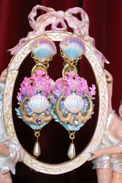SOLD! 6943 Baroque Hand Painted Blue Coral Reef Mermaids Stunning Studs Earrings