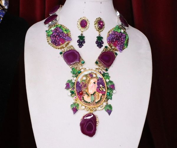 SOLD! 6950 Set Hand Painted Art Nouveau Lady Grapes Massive Necklace+ Earrings