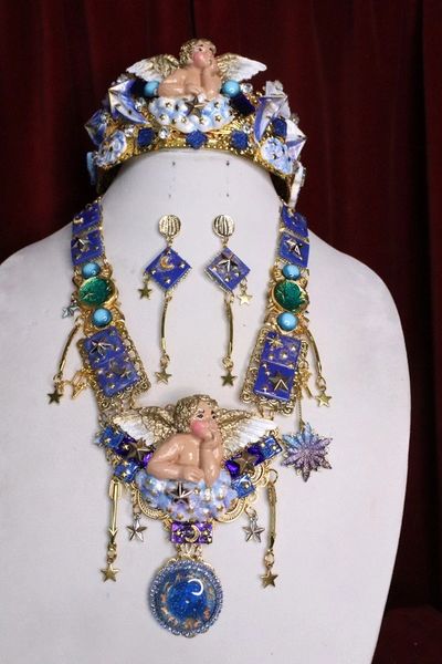SOLD! 6951 Set Hand Painted Baroque Raphael Cherub Stars Moon Massive Necklace+ Earrings